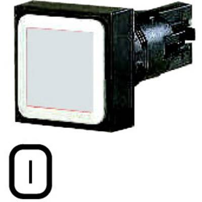'Interrupteur carré noir et blanc avec un centre gris et un boîtier noir, illustré à côté d'un symbole portant le chiffre 1.'