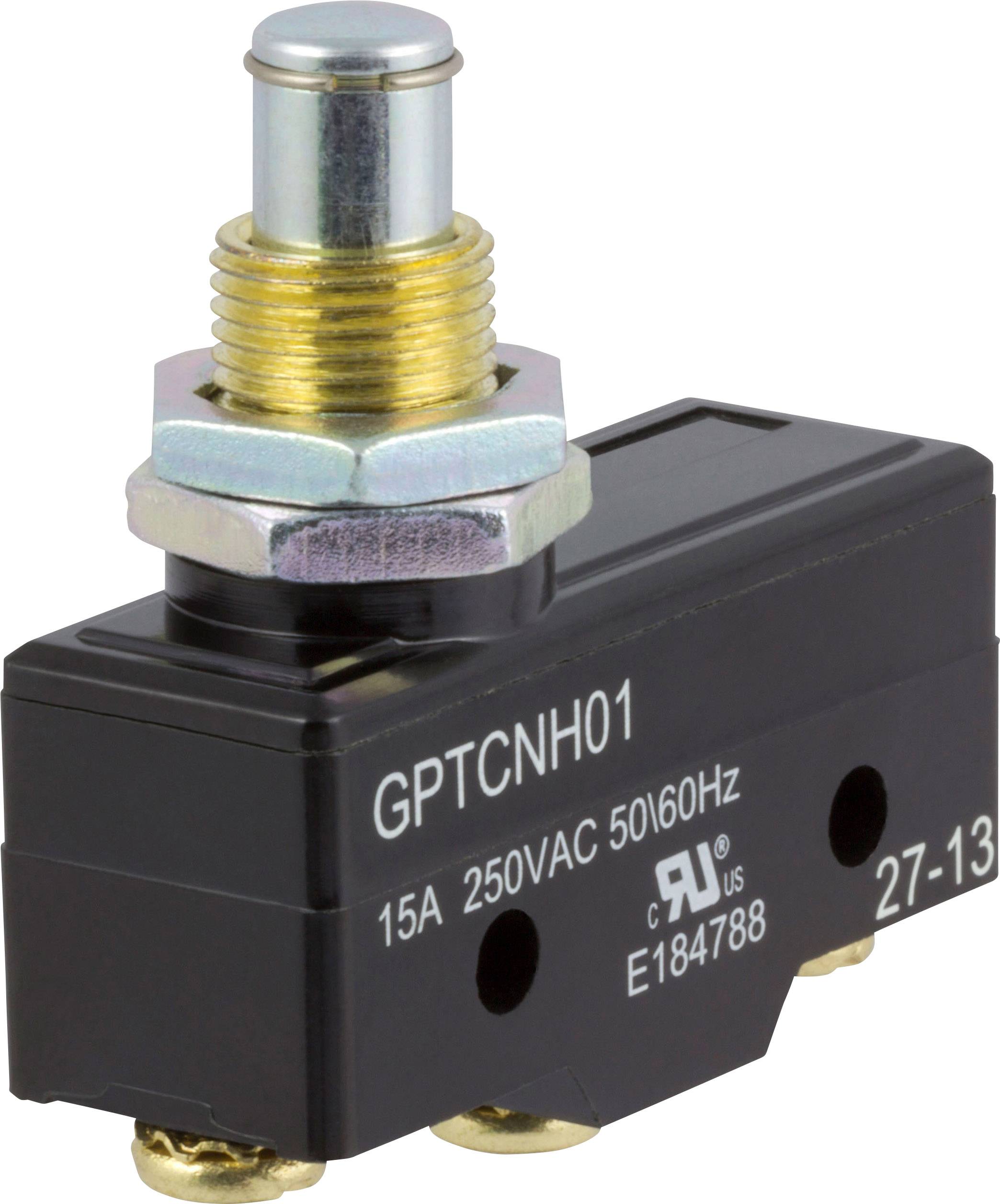 Un micro-interrupteur noir portant l'inscription 'GPTCNH01', conçu pour 15A et 250VAC, avec tige métallique et filetage.
