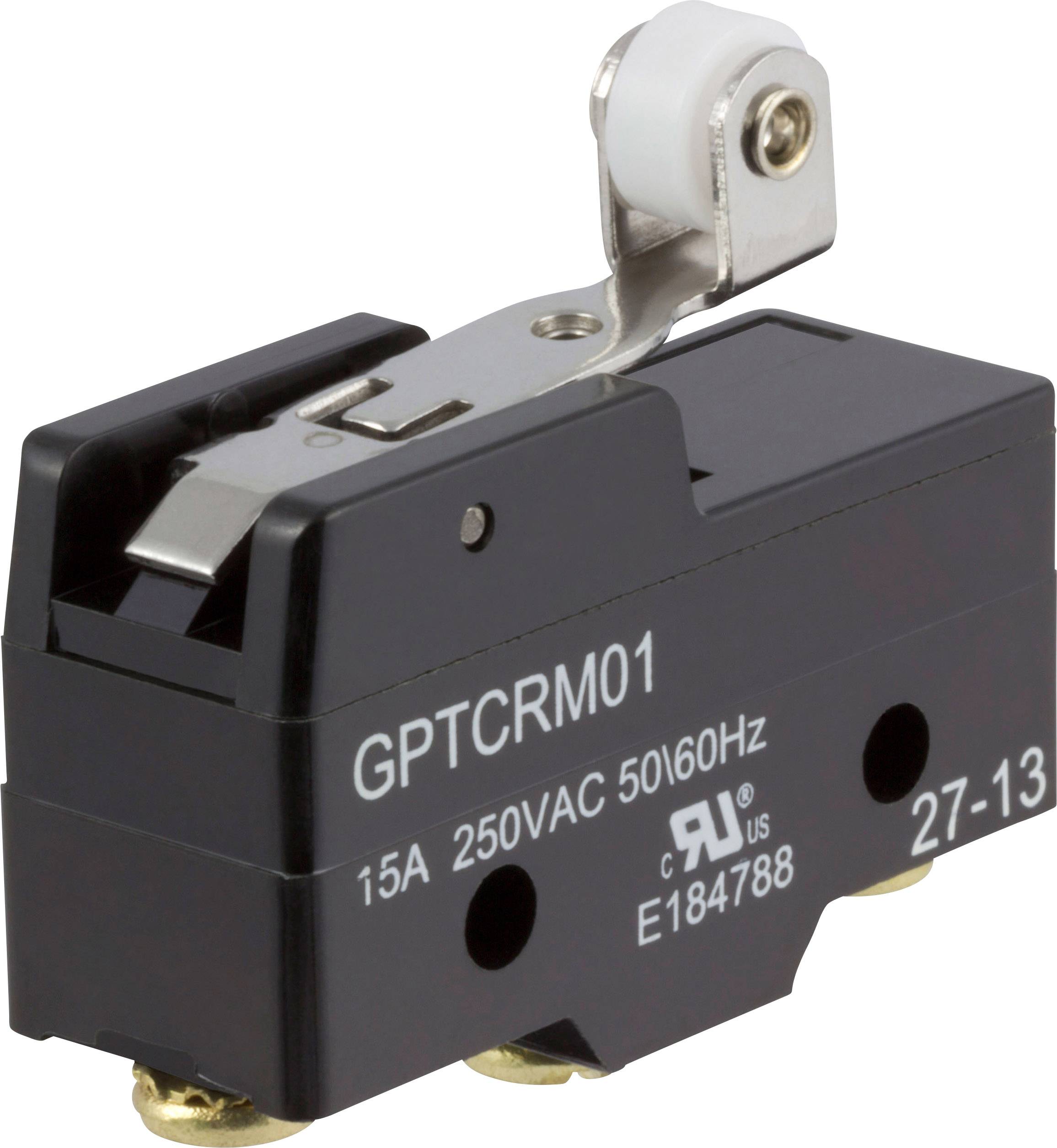 Un microrupteur noir portant l'inscription 'GPTCRM01', conçu pour 15A, 250VAC, 50/60Hz. Les numéros de norme et de série sont visibles.