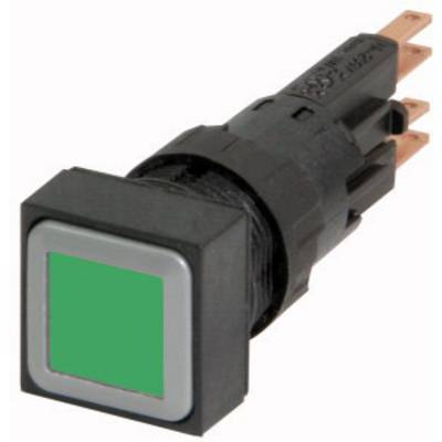 Un interrupteur carré noir avec un bouton-poussoir vert, adapté aux applications électriques ou électroniques.