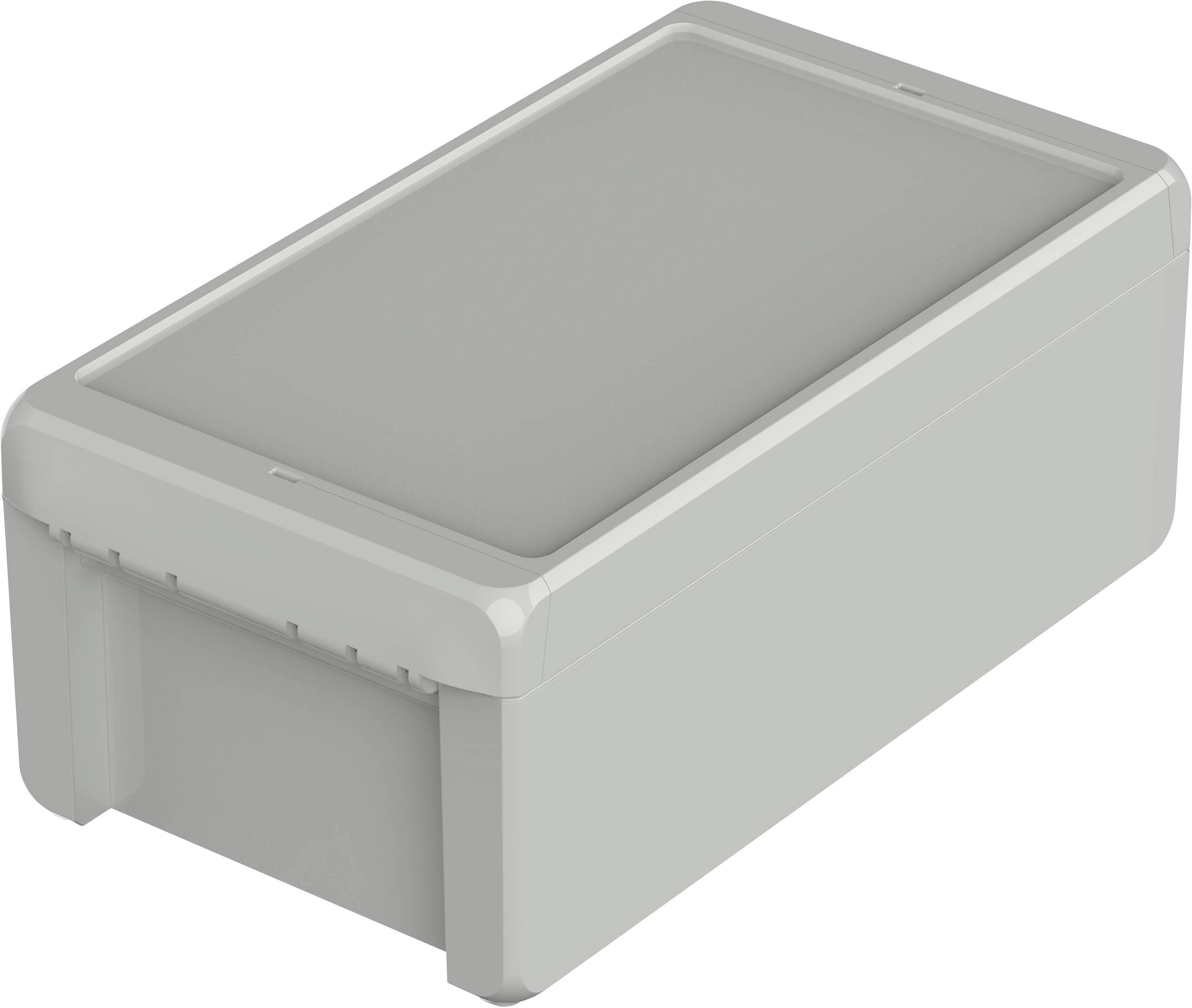 Boîte rectangulaire grise en plastique avec couvercle amovible, adaptée au rangement de petits objets.