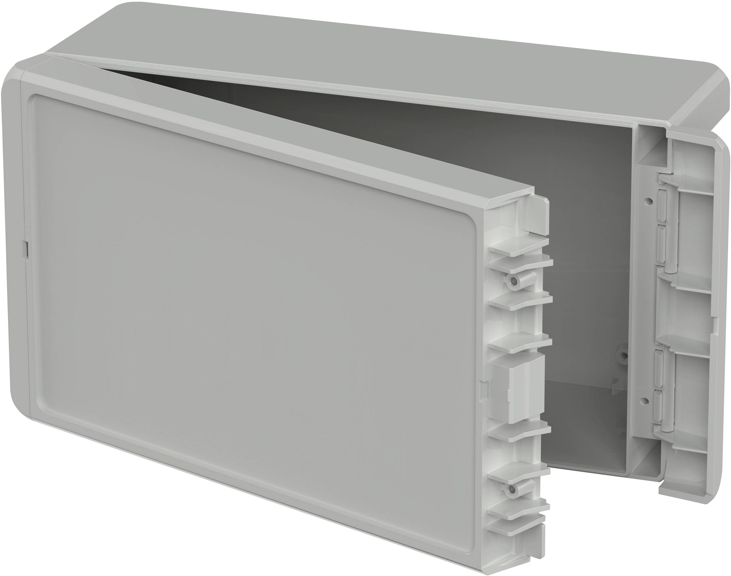 Boîte rectangulaire grise en plastique avec couvercle ouvert. Idéale pour le stockage ou la protection de composants électroniques.