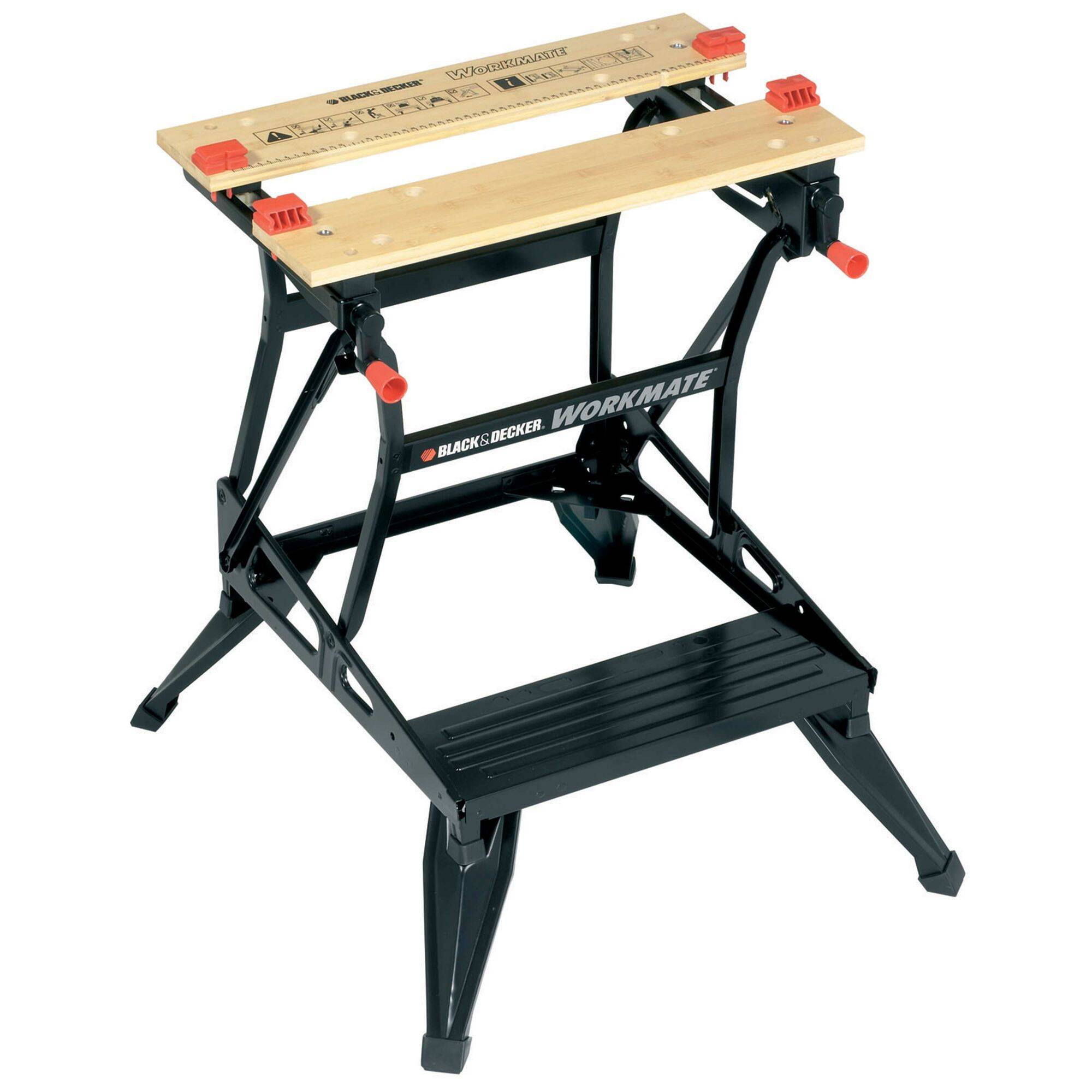 Support de table de travail pliable noir avec plateau en bois, fixations orange ; portable et idéal pour les travaux de bricolage.