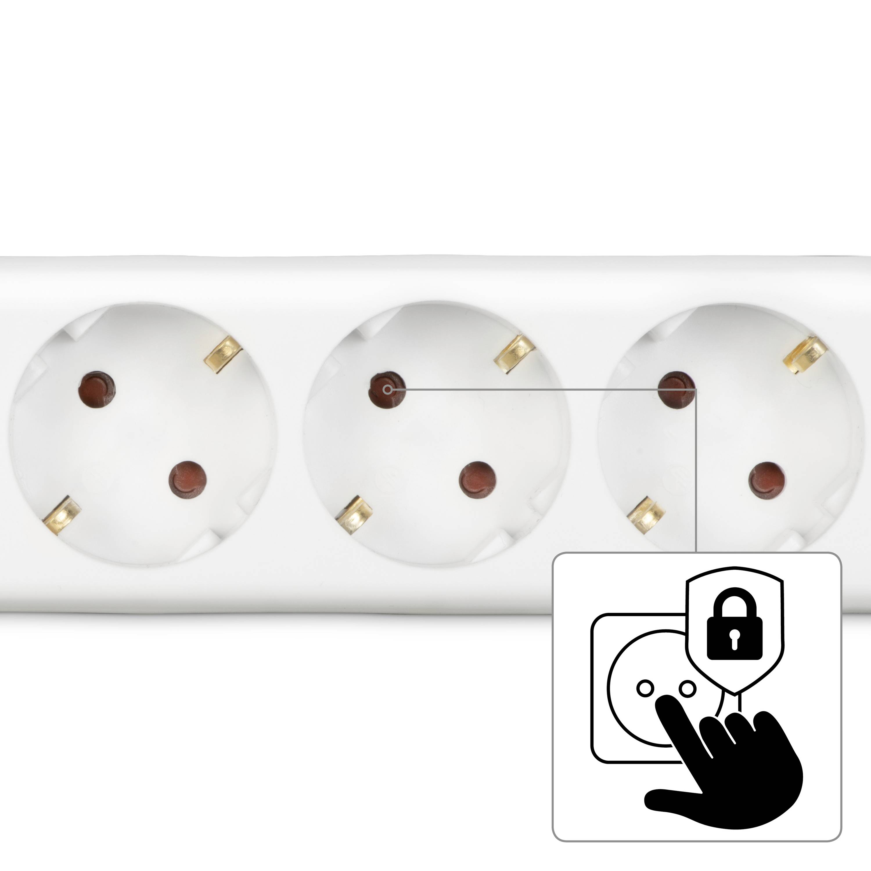 Une multiprise avec un symbole représentant un doigt appuyant sur un symbole de verrou situé sur une prise électrique.