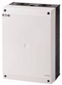 Tableau électrique blanc avec logo de marque en haut à gauche, de forme rectangulaire, utilisé pour le contrôle et la distribution électriques.