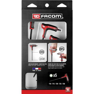 'Emballage de tournevis Facom montrant trois outils avec des poignées ergonomiques et des lames en acier robustes. Contient 5 pièces : T10 - T15 - T20 - T25 - T30.'