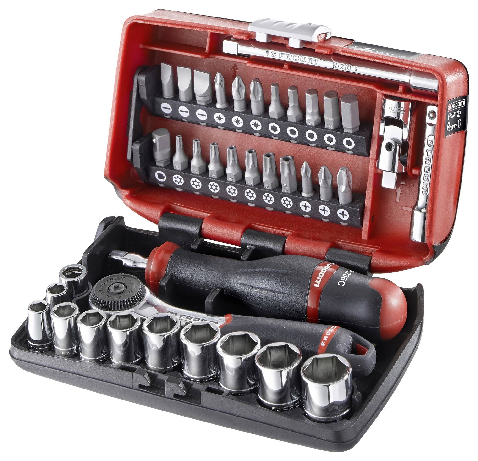 Un ensemble d'outils ouvert, rouge, comprenant divers embouts de tournevis et clés à douille dans un coffret compact et bien organisé.