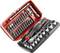 'Ensemble d'outils dans un coffret rouge, comprenant des tournevis, des embouts et des douilles de différentes tailles.'