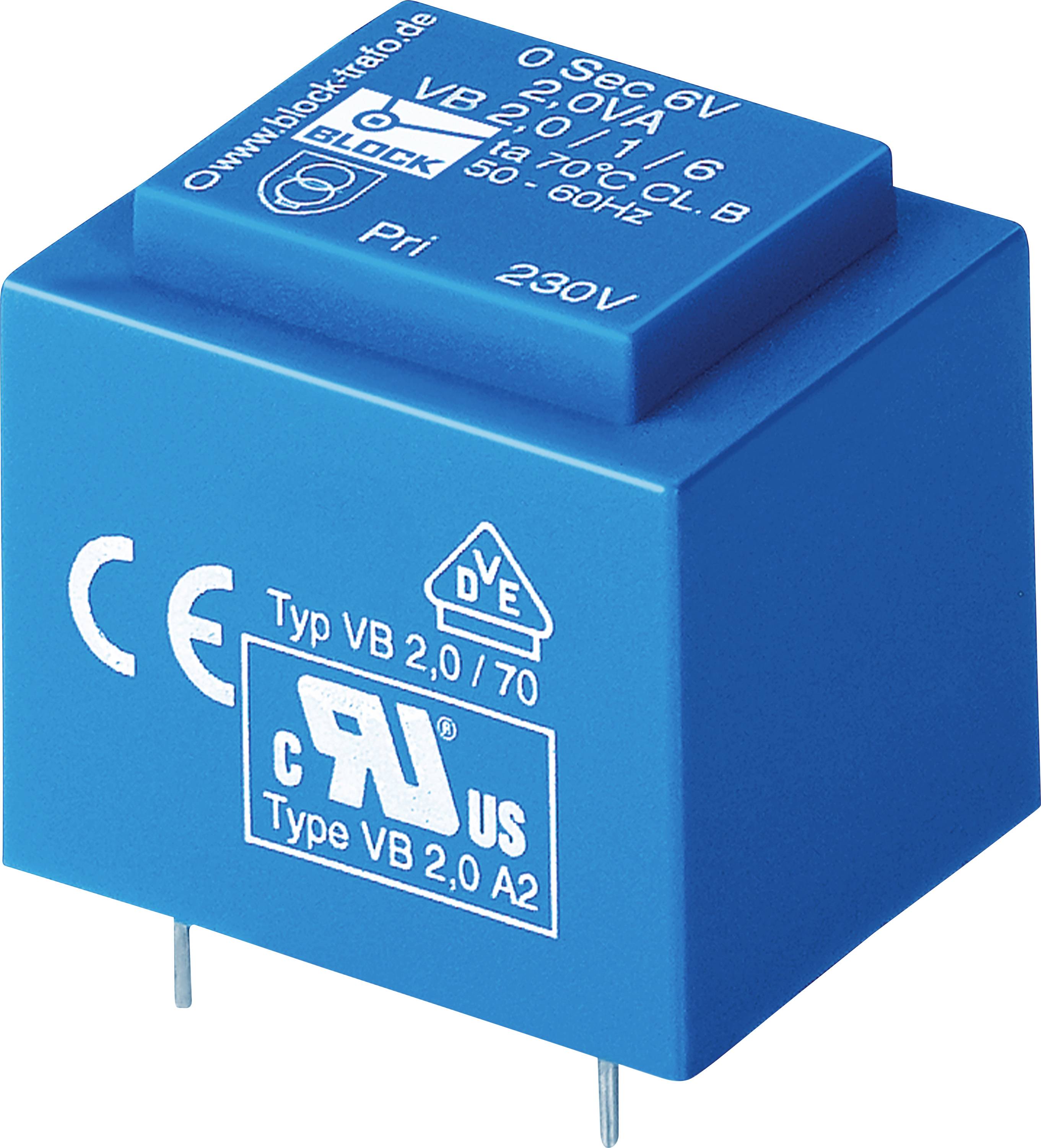 Un transformateur électrique bleu avec des broches visibles, portant les marques de certification CE et UL, et des spécifications telles que '0 Sec 6V', '20 VA', '230V'.