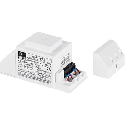 Transformateur automatique 'Block AIM 1.6/0.8' avec spécifications techniques, comprenant la tension (115V/230V/20V/24V), et les détails de connexion visibles.
