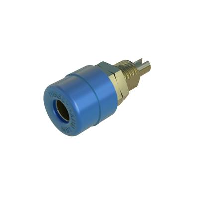 Bouton-poussoir bleu avec filetage métallique, couramment utilisé dans les systèmes hydrauliques ou pneumatiques.