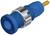 Un connecteur coaxial bleu avec un boîtier métallique rond argenté et une broche de contact jaune, utilisé pour les connexions électriques.