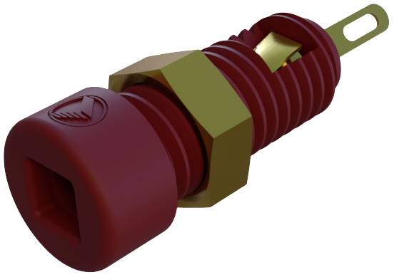 Composant électronique rouge et doré avec un écrou hexagonal et une connexion allongée à son extrémité.