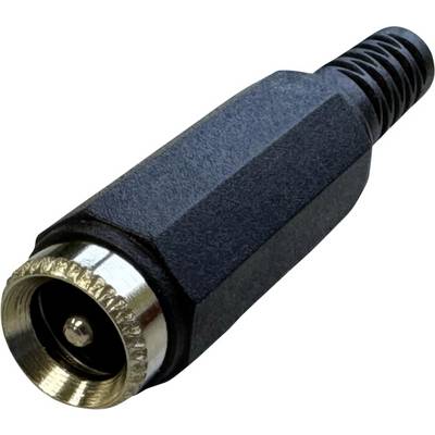 Fiche coaxiale noire à bordure métallique et connecteur de câble cannelé, couramment utilisée pour les connexions audio et vidéo.