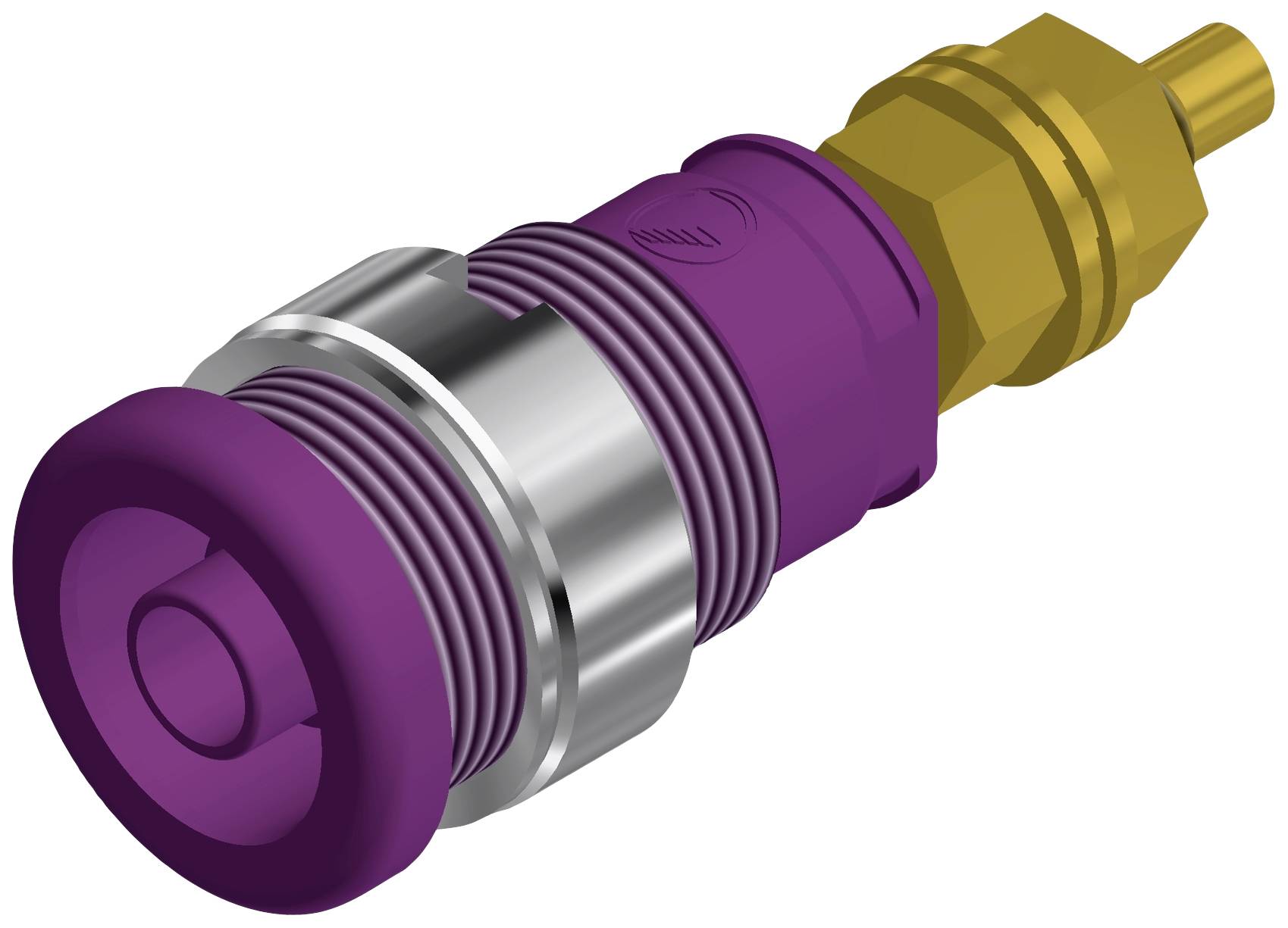 Un connecteur métallique violet-doré avec une surface rainurée et une extrémité arrondie, adapté aux applications industrielles ou à la construction mécanique.