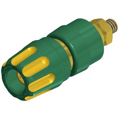 Pièce en plastique verte et jaune filetée, probablement une buse ou un adaptateur, représentée sur un fond blanc.