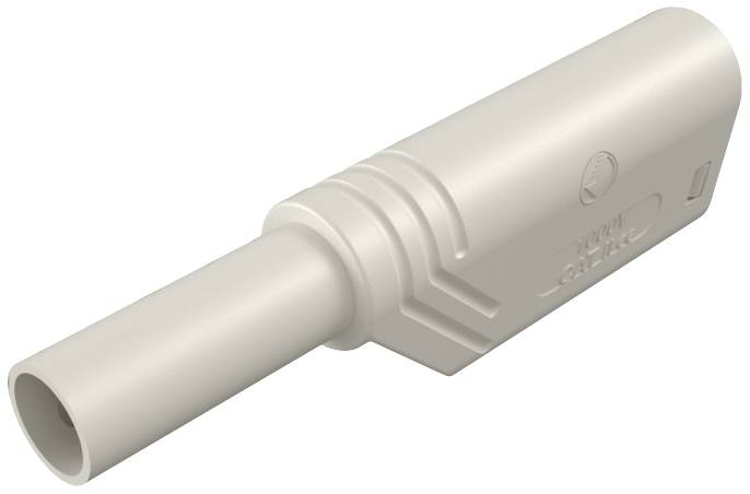 Fiche cylindrique grise avec rainures et logo sur le côté, probablement un connecteur électrique ou électronique.