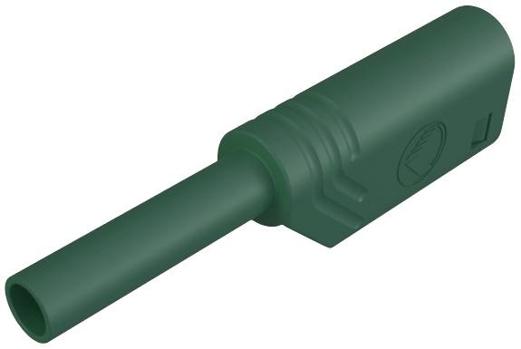 Connecteur électrique vert cylindrique, vue latérale, montrant des rainures de maintien et un socle rectangulaire.