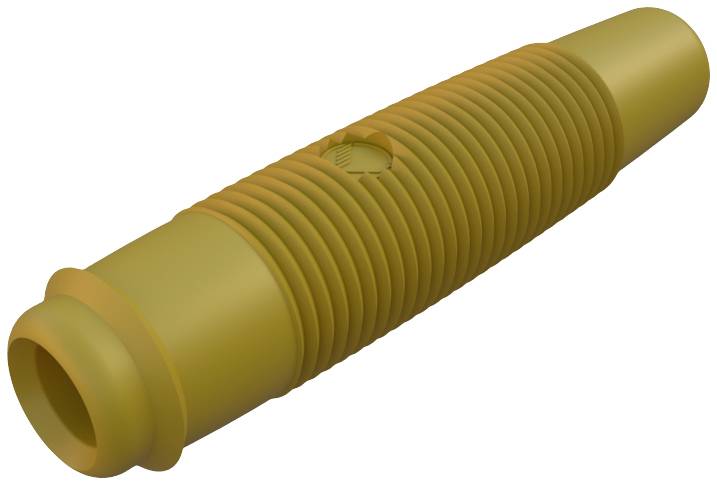 Une pièce en plastique jaune, oblongue, avec une partie centrale nervurée et un petit creux rond.