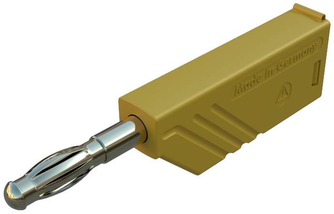 Connecteur avec boîtier jaune et contact argenté ; inscription 'Made in Germany' ; composant technique.