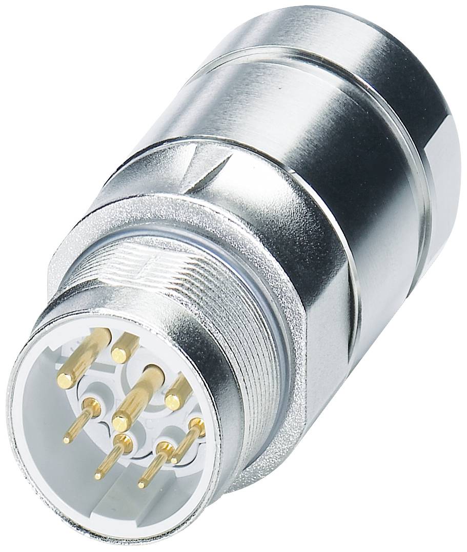 Connecteur cylindrique argenté avec plusieurs broches dorées en saillie. Accessoire technique pour connexions électroniques.