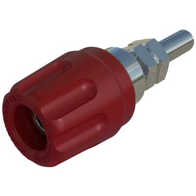 Vanne rouge avec poignée striée et filetage métallique, indiquant son utilisation pour le contrôle des gaz ou des liquides dans des applications techniques.