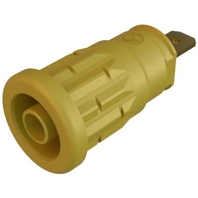 Adaptateur électrique jaune avec boîtier structuré et connexion métallique, conçu pour établir des connexions dans les circuits électriques.