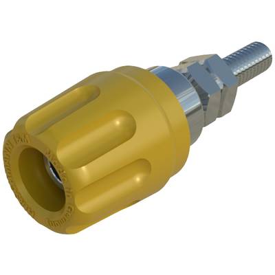 Adaptateur hydraulique jaune avec filetage métallique, vue latérale.
