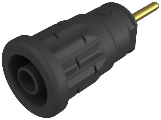 Fiche audio noire avec poignée striée et embout métallique doré, utilisée pour connecter des câbles audio aux appareils.