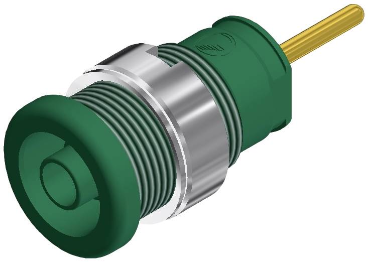 Un connecteur circulaire vert avec un filetage métallique et un fil de connexion jaune.