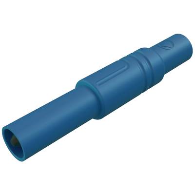 Un connecteur tubulaire en plastique bleu, de forme cylindrique, avec des détails nervurés et des extrémités légèrement effilées.