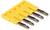 Petit morceau de plastique jaune avec cinq broches métalliques, souvent utilisé comme pont de connexion (jumper) pour les circuits électroniques.