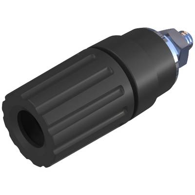 Adaptateur en plastique noir à surface texturée et connexion métallique, vue latérale, application industrielle.