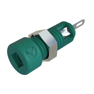 Bouton-poussoir vert en plastique avec filetage métallique, vis et symbole sur le côté.