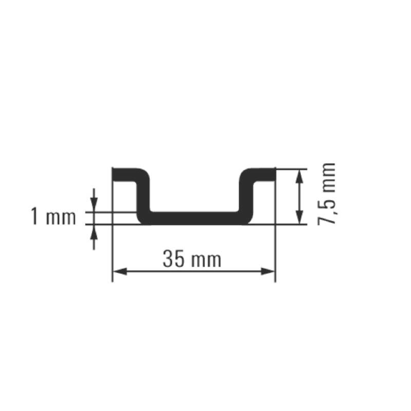 Coupe transversale d'un profilé métallique avec dimensions : 35 mm de largeur, 7,5 mm de hauteur, 1 mm d'épaisseur de matériau.