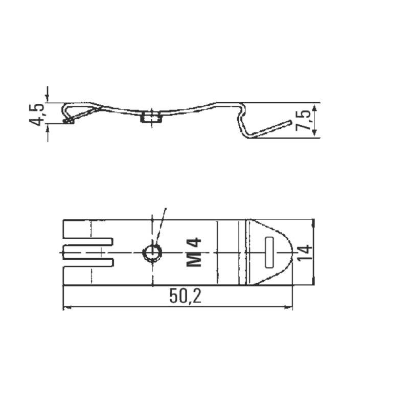 Dessin technique d'un clip métallique avec cotes : longueur 50,2 mm, largeur 14 mm, hauteur 4,5 mm. Connexions aux deux extrémités.