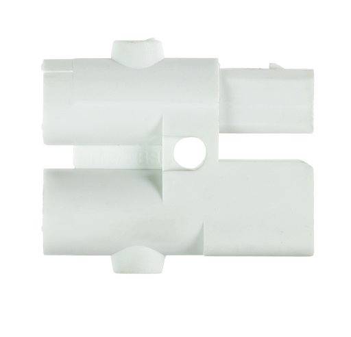 Un connecteur en plastique blanc avec une ouverture circulaire au centre, adapté pour relier deux tuyaux ou câbles.
