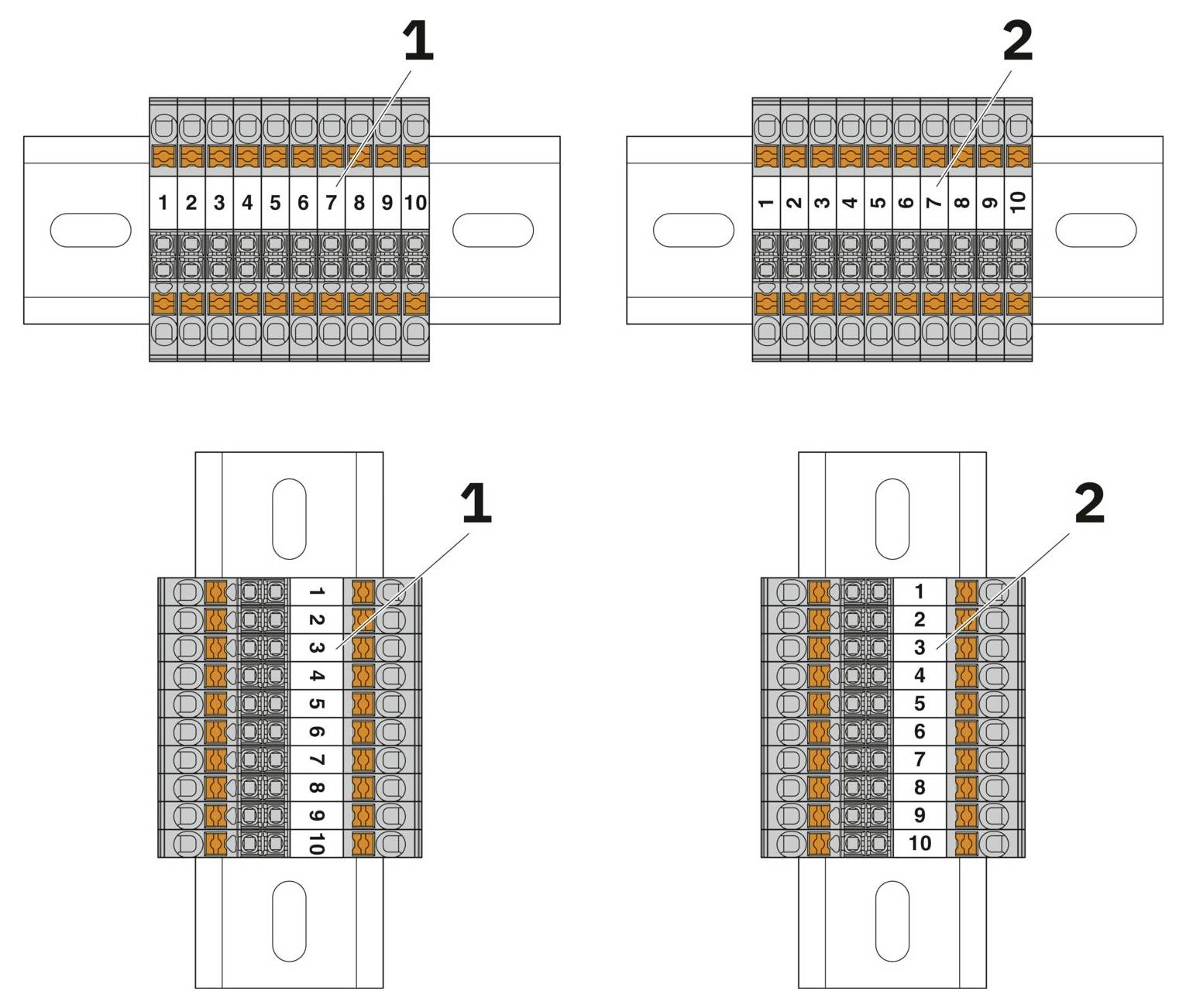 Diagramme montrant deux types de connexions sur des blocs de bornes étiquetés 1 et 2, chacun avec des emplacements numérotés de 1 à 10 pour le placement des fils.