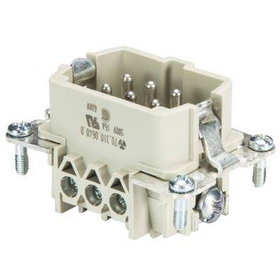 Un connecteur rectangulaire beige avec plusieurs broches métalliques et des trous de vis pour la fixation dans un dispositif électrique.