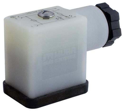 Connecteur électrique avec boîtier transparent et schéma de circuit visible au-dessus ; verrou à vis à droite.