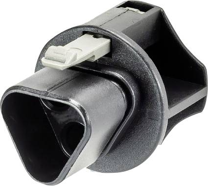 Un connecteur noir en plastique avec deux ouvertures et un clip gris en haut, souvent utilisé dans les connexions électriques.