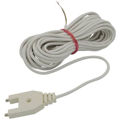 Un câble téléphonique blanc avec une fiche TAE-F. Le câble est enroulé plusieurs fois et maintenu par un serre-câble rouge.
