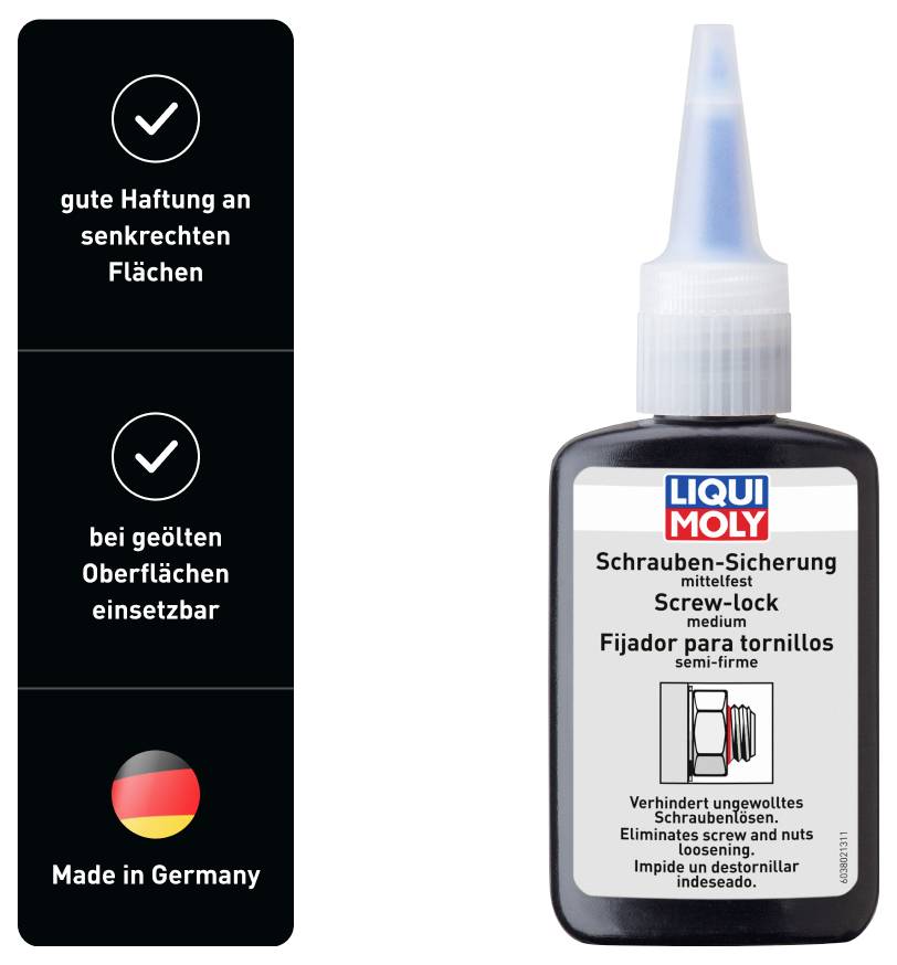 'Colle spéciale de Liqui Moly, adaptée aux surfaces verticales et huilées. Empêche le desserrage des vis. Fabriquée en Allemagne.'