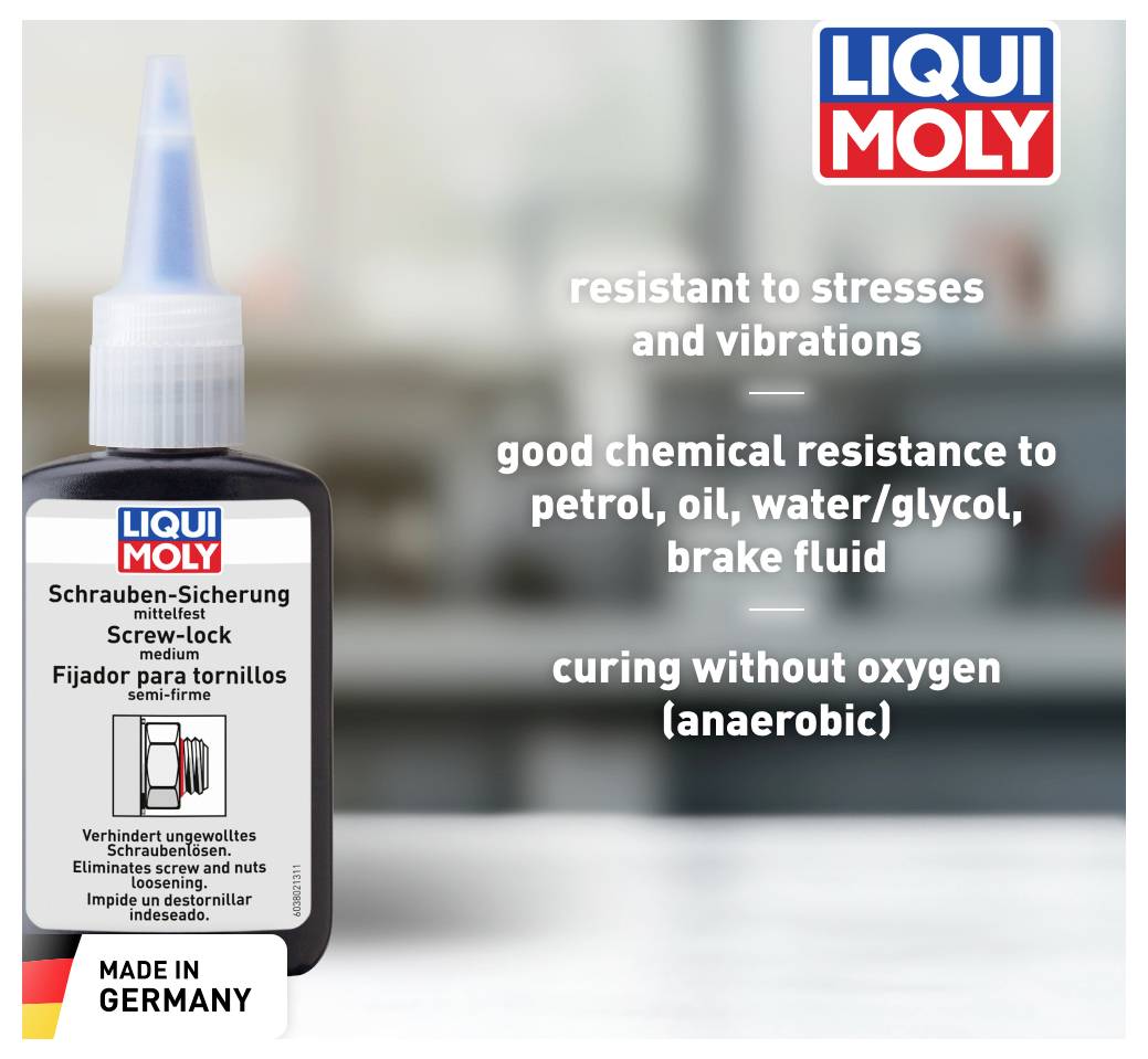 Bouteille de colle de Liqui Moly avec texte : « résistant aux contraintes et aux vibrations », « bonne résistance chimique ». Fabriqué en Allemagne.