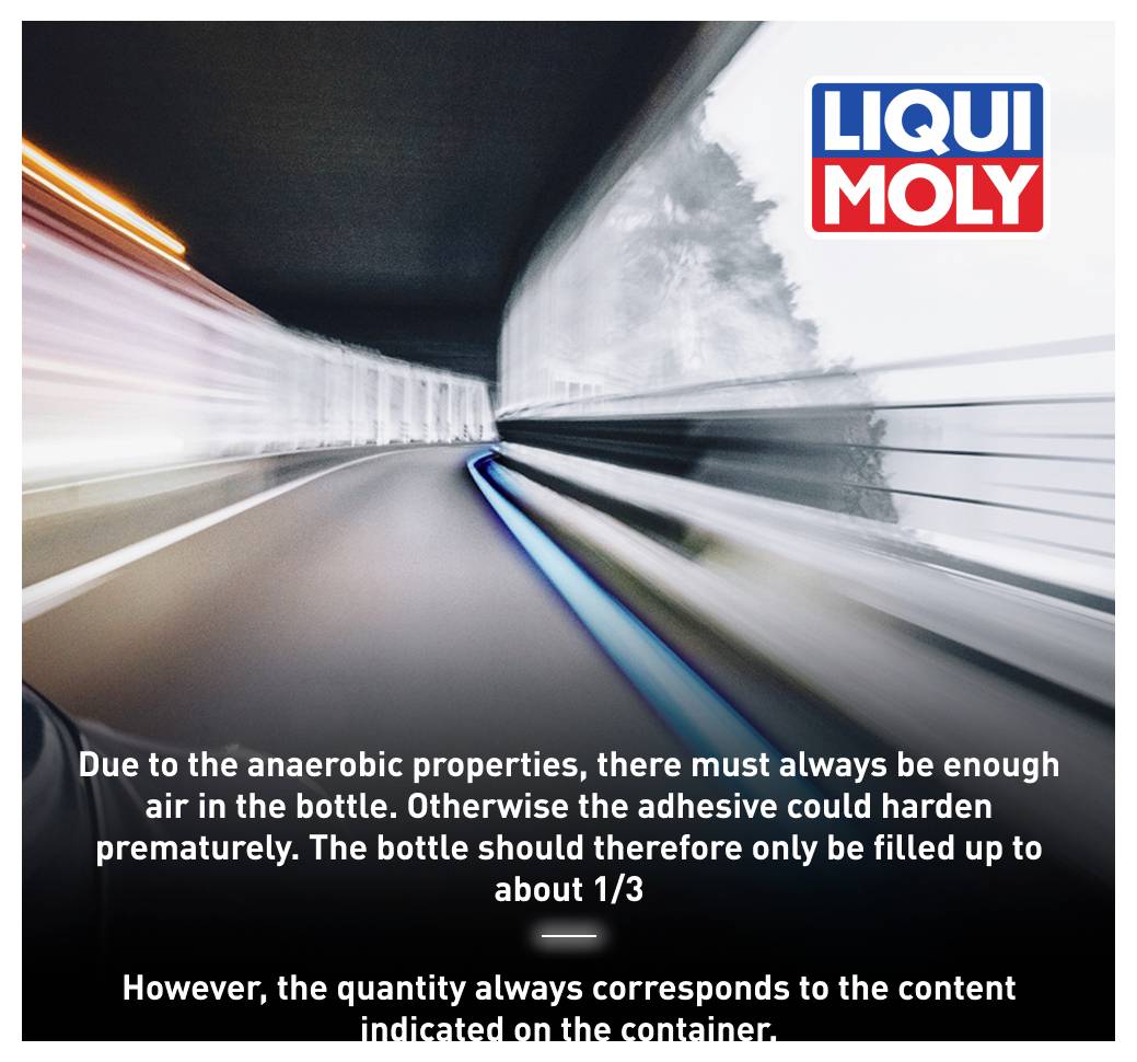 Vue depuis un tunnel sur une route. En haut à droite se trouve le logo LIQUI MOLY. En bas, un texte explique l'utilisation correcte d'un adhésif.