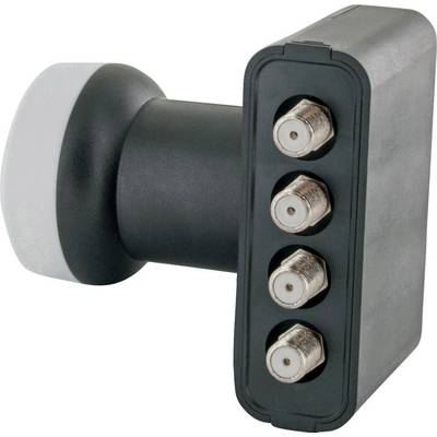 Un LNB satellite noir et gris avec quatre connexions coaxiales pour la réception des signaux TV.