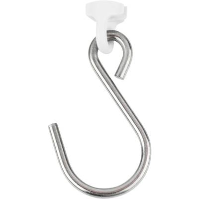 Crochet en métal S avec clip en plastique blanc, adapté pour suspendre des objets.