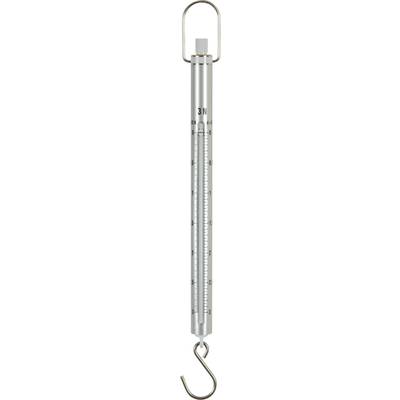 Balance à ressort métallique avec échelle de 0 à 25 Newtons, crochet en bas, anneau en haut pour la fixation. Utilisée pour mesurer la force.