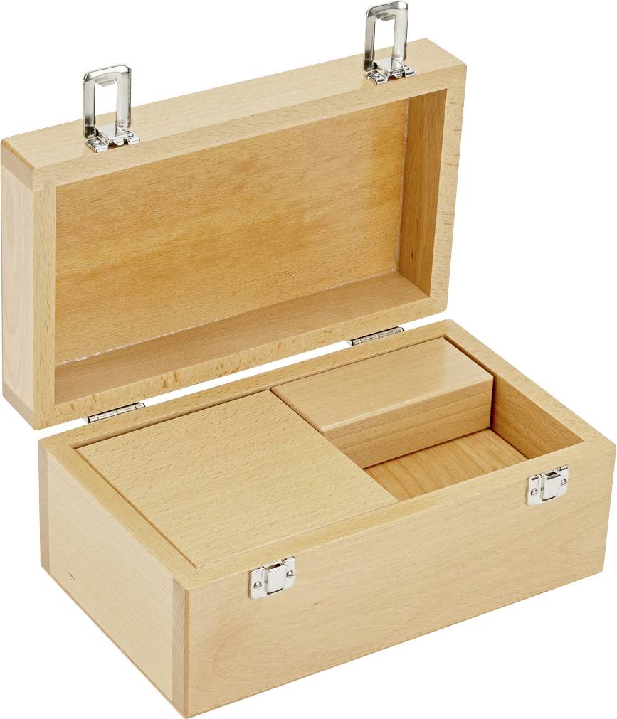 Caisse en bois avec couvercles ouverts, montrant des compartiments intérieurs.