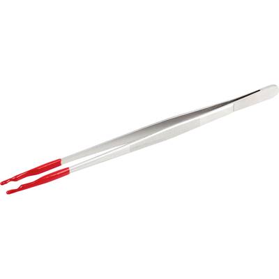 Une pince à épiler en argent avec des pointes recourbées rouges pour retirer les tiques de la peau.